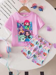 SHEIN Baby Girl Cartoon Character Print Round Neck Short Sleeve T-Shirt And Shorts Casual Outfit - Purple - View 8