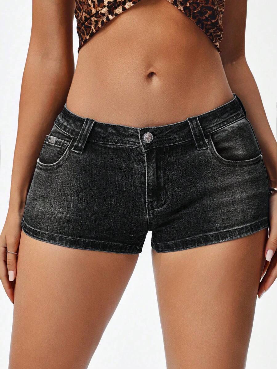 SHEIN EZwear Quần short denim nữ kiểu dáng thường ngày, có túi và cúc. - màu đen - Xem 1