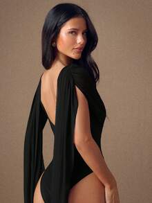 SHEIN BAE 酒红色圆领缎带修身连体衣，适合毕业派对、正式场合、鸡尾酒会、浪漫约会、秋冬季内搭、聚会、夜店、万圣节、圣诞节等场合。 - 黑色 - 查看 2