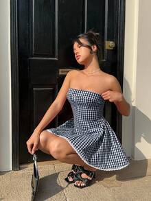 Aloruh Women's Sexy Vintage Red & White Plaid Print Ruched Waist Vacation Mini Dress - Navy Blue - View 5