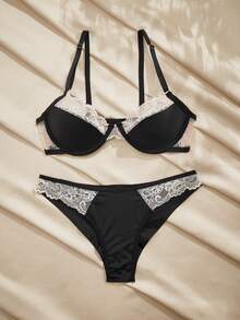 Charlaine Women Lace Patchwork Adjustable Strap Bra And Panty Set, Casual Daily Wear - Multicolor - View 1