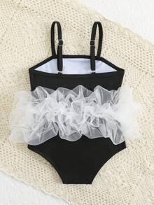 SHEIN Baby Girl Letter & Heart Print Mesh Patchwork Casual Beach Spaghetti Strap Romper Swimsuit - Black and White - View 2