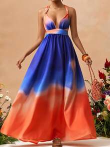 Zivah 2026春夏新款音乐节、复活节、圣帕特里克节、情人节、约会、西部风、游牧风、生日派对、毕业典礼、大学、学生、日常休闲、基础款、休闲、度假、邮轮、海滩、日光浴、爆款、街头风、婚礼宾客、波西米亚风、通勤、早午餐、机场、派对、假日郊游、办公室着装 蓝色渐变印花吊带长裙 - 藍色 - 查看 3