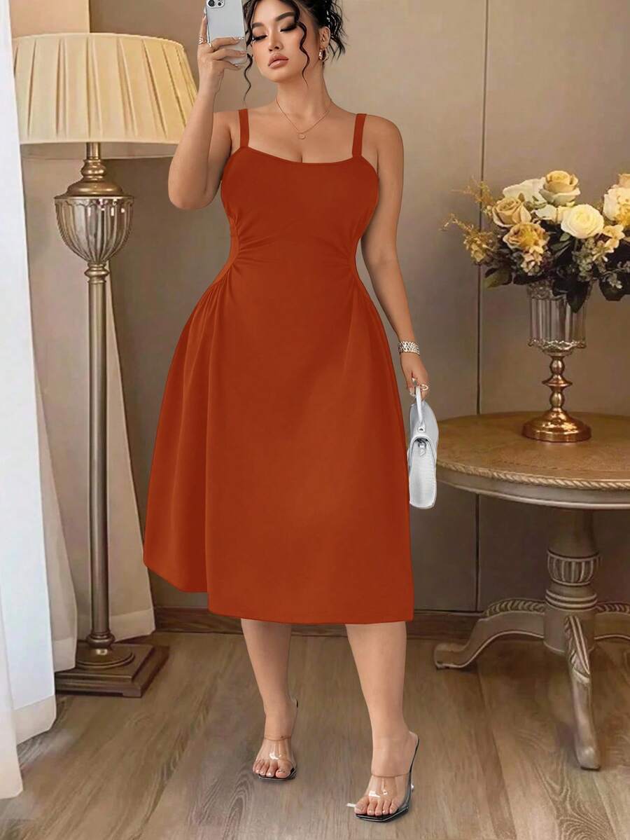 SHEIN Clasi Đầm trơn màu trơn, cổ thấp, không tay, thắt eo, dáng thanh lịch, cỡ lớn dành cho phụ nữ - trái cam - Xem 1