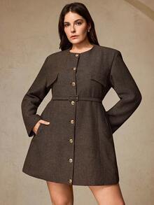 Aveloria Rosie 时尚复古简约通勤优雅女士设计百搭人字纹收腰带金属纽扣长袖迷你连衣裙 - 彩色 - 查看 3