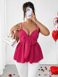 Breezaya 大码女式玫红色格子褶皱系带吊带背心，后背收褶设计，优雅夏季上衣，适合返校、毕业典礼、情人节、音乐节、母亲节、万圣节、感恩节、复活节、国庆节、舞会、约会、婚礼、户外活动等场合。 - 玫紅色 - 查看 7