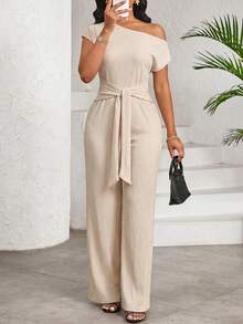 SHEIN Lady Macacão feminino casual de cor sólida com decote halter, manga curta e amarração na cintura. - Rosa - Ver 1