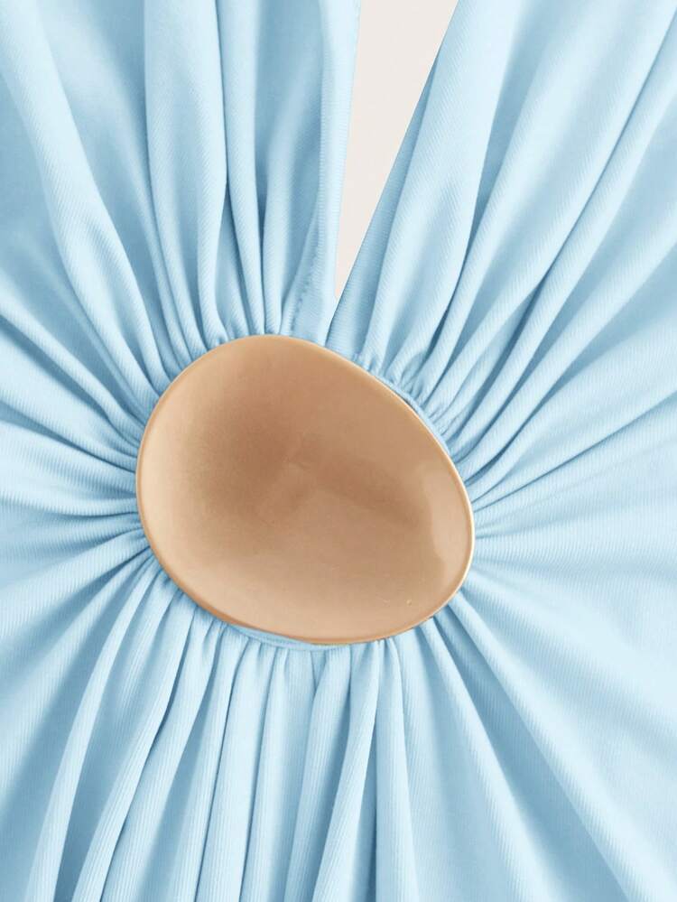 Vestido Halter Sem Costas de Tricô de Cor Sólida para Mulheres - Azul - Visão 3