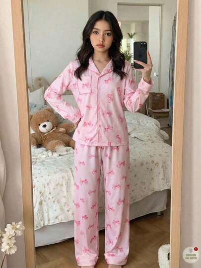 SHEIN Tween Girl Loose Casual Minimalist Comfortable Collared Bow Decor Long Sleeve Top And Pants Pajama Set