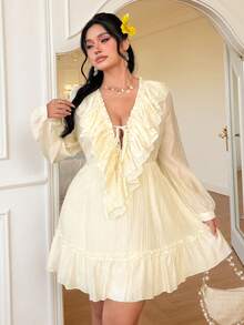 Celure 大码女式V领长袖褶皱腰部喇叭裙摆舒适优雅连衣裙 - 杏色 - 查看 1