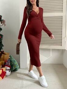 SHEIN 纯色V领扭结长袖修身开衩孕妇连衣裙 - 酒紅色 - 查看 6