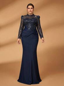 Serin Abito lungo da sirena con maniche lunghe in chiffon, decorato con patchwork di perline e paillettes, in colore blu navy, con arricciature elastiche e dettagli attorcigliati, adatto per matrimoni, feste, vacanze, balli, eventi serali, madre della sposa, taglie comode - Blu Navy - Visualizzare 1