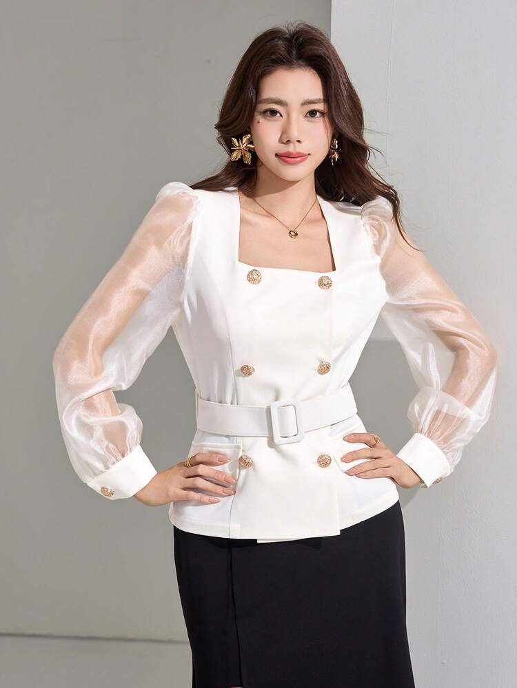 Women's Elegant Patchwork Square Collar Puff Sleeve Blazer, Spring/Summer,Wedding Guest Dress Women