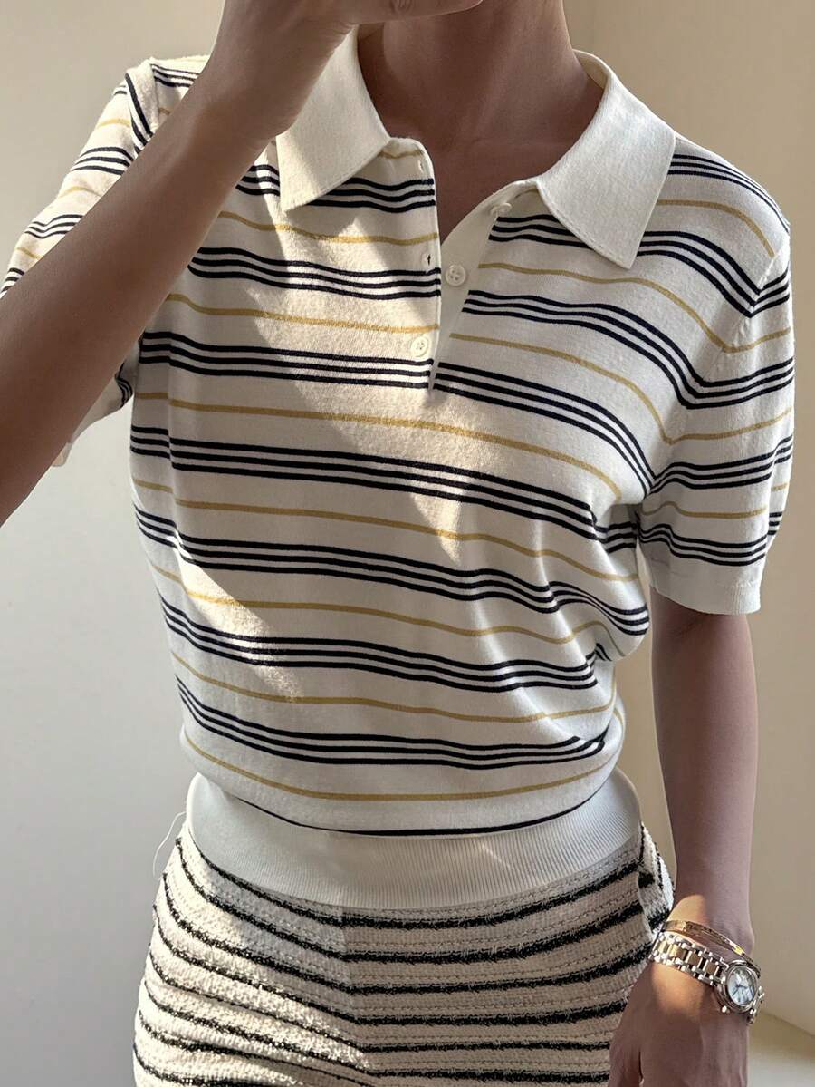 Livesso Women's Casual Striped Button-Up Knit Top - Beige - View 1