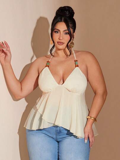 SHEIN BAE Plus Size Women Beaded Backless Halter Top In Apricot Color,Suitable For Vacation,Summer,Summer Holiday Outfits,Spring Break Outfits ,Valentine Outfits For Women,Valentine's Day Outfit,Carniva,Carnival Women Look 2026,Plus Size,Curve,Elegant Outfits For Party,Beach Outfit For Women,Wedding Guest Party Dress ,Going Out,Vacation Outfits Women,Birthday Dress For Women,Formal Dress For Women,Plus Size Dress For Women,Tea Party Outfit Women,Club Outfits Women Plus,Airport Outfit For Women Travel