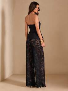 SHEIN BAE Bandeau & Lace Semi-Sheer Wide Leg Pants 2 Pieces Set, Sexy 2 Pieces Outfit, Spring/Summer - Black - View 2