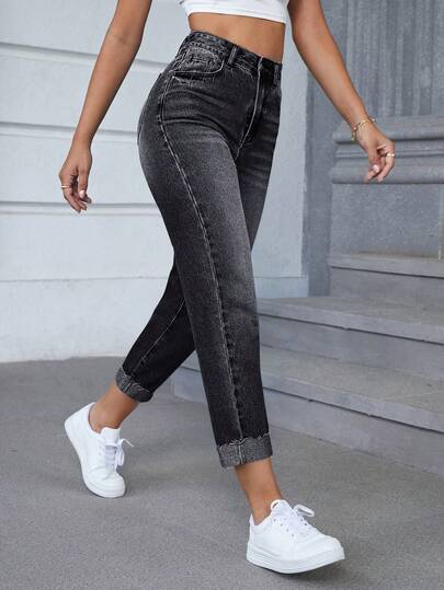 Selenza Women's Casual Daily Commute Simple Versatile High Waist Skinny Cuffed Cropped Denim Jeans