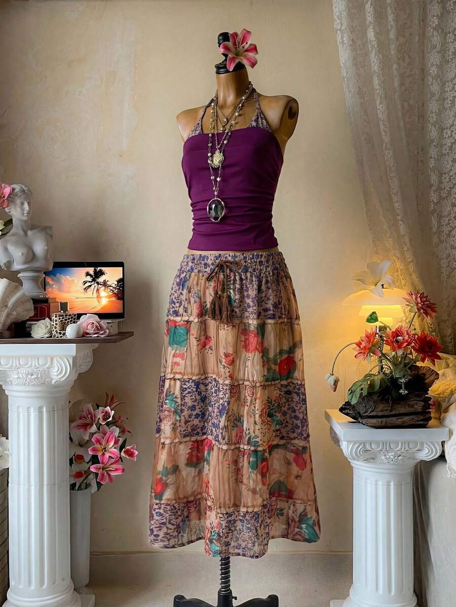 INAWLY 度假风印花打结流苏装饰休闲迷你裙 - 彩色 - 查看 1