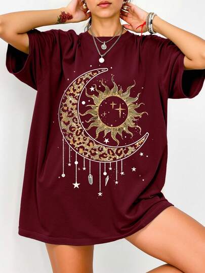 EMERY ROSE 大码女式圆领太阳、月亮和星星印花休闲日常短袖T恤