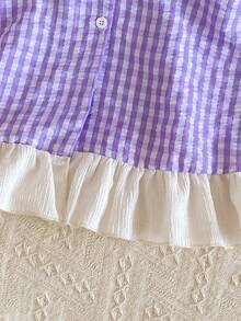 Summer Clothes  Girls' Button Front Floral Patchwork Ruffle Hem Pockets Short Sleeve Casual Dress Lavender Pajama Dress - Purple - View 13