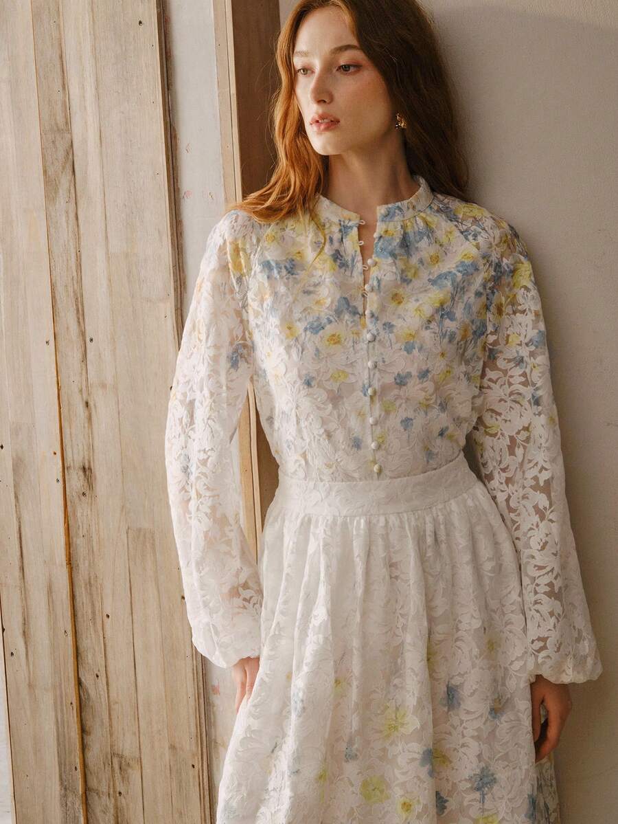 MOTF PREMIUM WOMEN'S FLORAL PRINT LANTERN SLEEVE BLOUSE - White - View 1