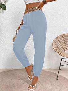EMERY ROSE Quần skinny nữ cạp kim loại viền hoa - Màu xanh lam - Xem 5