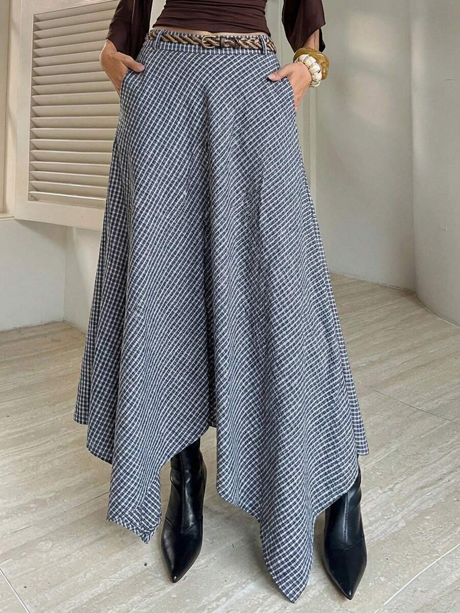 DAZY Women's Casual Commuter Plaid Asymmetric Hem Skirt - Navy Blue - View 1