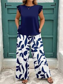 EMERY ROSE Casual Elegant Blue Floral Print Plus Size 2 Piece Set, Suitable For Valentine's Day & Carnival - Multicolor - View 6