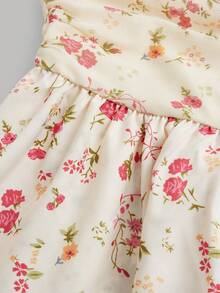 SHEIN Tween Girl Pink Floral,Summer,Casual,Party,Picnic Spaghetti Strap Bow Elegant Ruched Waist A-Line Layered Ruffle Mesh Flower Princess Vintage Dress - Apricot - View 6
