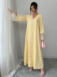 Yasmyna Vestido árabe de manga larga holgado con puño tejido y estampado para mujer - Amarillo - Ver 4