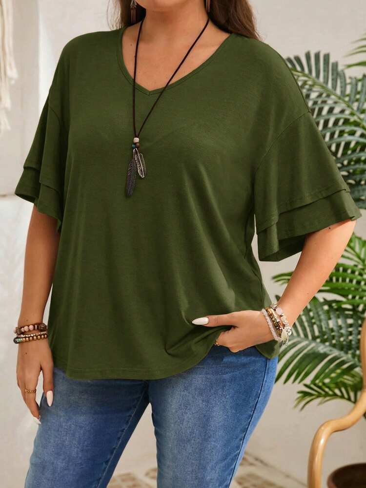 Plus Size V-Neck Solid Color Casual Versatile Summer Ruffle Sleeve T-Shirt, Summer Tops