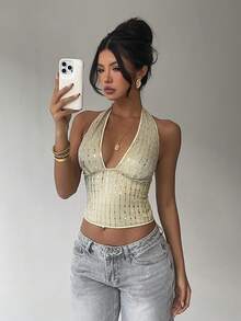 Aloruh Áo kiểu nữ gợi cảm buộc dây sau cổ, đính sequin, thích hợp cho mùa xuân, đi chơi, thanh lịch, gợi cảm, phù hợp đi club, dự tiệc. - Nhiều màu - Xem 3
