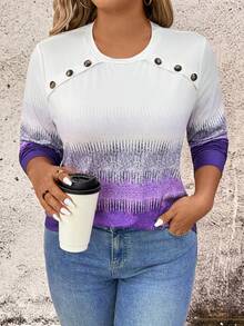 EMERY ROSE Plus Size Women's Minimalist Fashion Ombre Graphic Print Crew Neck Long Sleeve Pullover T-Shirt, Suitable For Work Commute And Everyday Wear - Multicolor - View 5