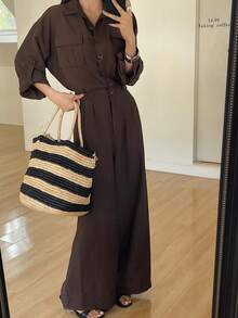 DAZY Women's Loose Solid Color Long Sleeve Collared Shirt & Wide Leg Casual Jumpsuit, Spring/Summer Jumpsuit For Women Lounge Sets For Women Business Casual Woman - Brown - View 7
