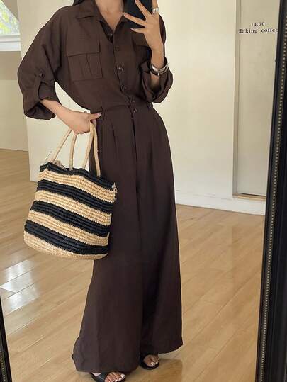 DAZY جمبسوت كاجوال للنساء بقميص بأكمام طويلة وياقة وبنطال واسع الساق، لفصلي الربيع والصيف