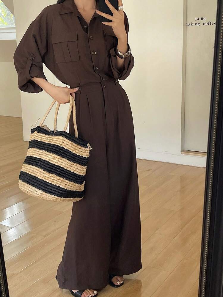 Women's Loose Solid Color Long Sleeve Collared Shirt & Wide Leg Casual Jumpsuit, Spring/Summer Jumpsuit For Women Lounge Sets For Women