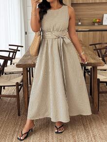 Weeklong Plus Size Striped Print Twist Front Sleeveless Elegant Dress - Multicolor - View 1