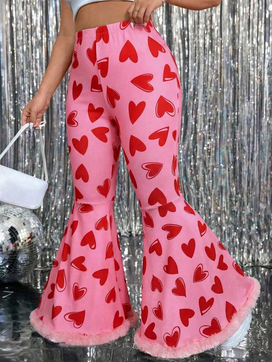 Vionelle Plus Size Women's Valentine's Day Heart Knitted Flare Pants - Pink - View 1