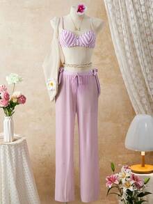 Swim SXY 3件套女士印花吊带条纹上衣和侧边抽绳泳裤泳装套装 - 彩色 - 查看 7