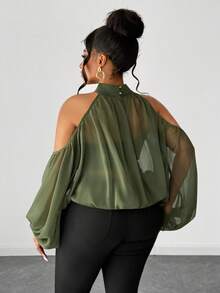 Maweii Áo kiểu nữ cỡ lớn màu trơn, trễ vai, tay phồng, thời trang. - xanh quân đội - Xem 3