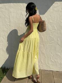 Sunnyshic Women's Yellow Spaghetti Strap Midi Dress With Waist Cinching And A-Line Silhouette, Suitable For Beach, Vacation, Casual Outing, Date, Versatile All-Match, Fashionable, Spring/Summer, Back To School Season - Yellow - View 2
