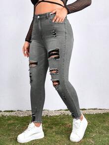 SHEIN ICON Plus Size Women Casual Everyday Wear Distressed Pocket Button Design Denim Jeans - Dark Grey - View 3