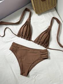 Bonvoyette Conjunto de bikini elegante y casual para vacaciones con escote halter, traje de baño hecho a mano con cuerda para fiesta en la isla y piscina - Café integral - Ver 3