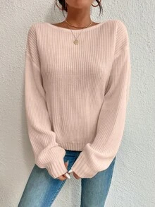 EURMUSE Women's Solid Color Boat Neck Loose Casual Sweater With Crossed Back Design, Long Sleeve - Coral Pink - View 5