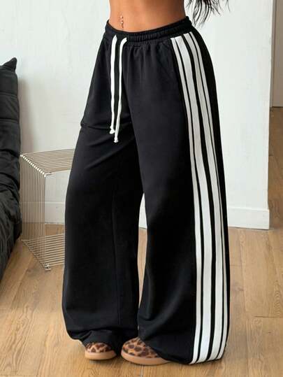 Coolane Women's Spring/Summer Streetwear Casual Vintage Game Day Basic Minimalist Back To School Preppy Banded Texture Decoration Elastic Waistband Sport Black Wide Leg Sweatpants