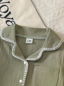 Infant/Toddler Boys' Elegant Minimalist Short Sleeve Shorts Set, Soft Washed Textured Fabric, Comfortable & Skin-Friendly, One-Piece Jumpsuit Design Baby Clothes Sage Green Baby Romper Baby Short Sleeved Romper Baby Boy Summer Romper Unisex Baby Clothes - Dark Green - View 8