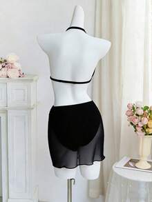 SHEIN 少女三件套泳衣，挂脖抹胸款式，防滑设计，黑色海星装饰。罗纹三角比基尼泳裤搭配可外穿的裙式罩衫。高弹亲肤，是夏季海滩度假和泳池派对的必备泳装。 - 黑色 - 查看 2