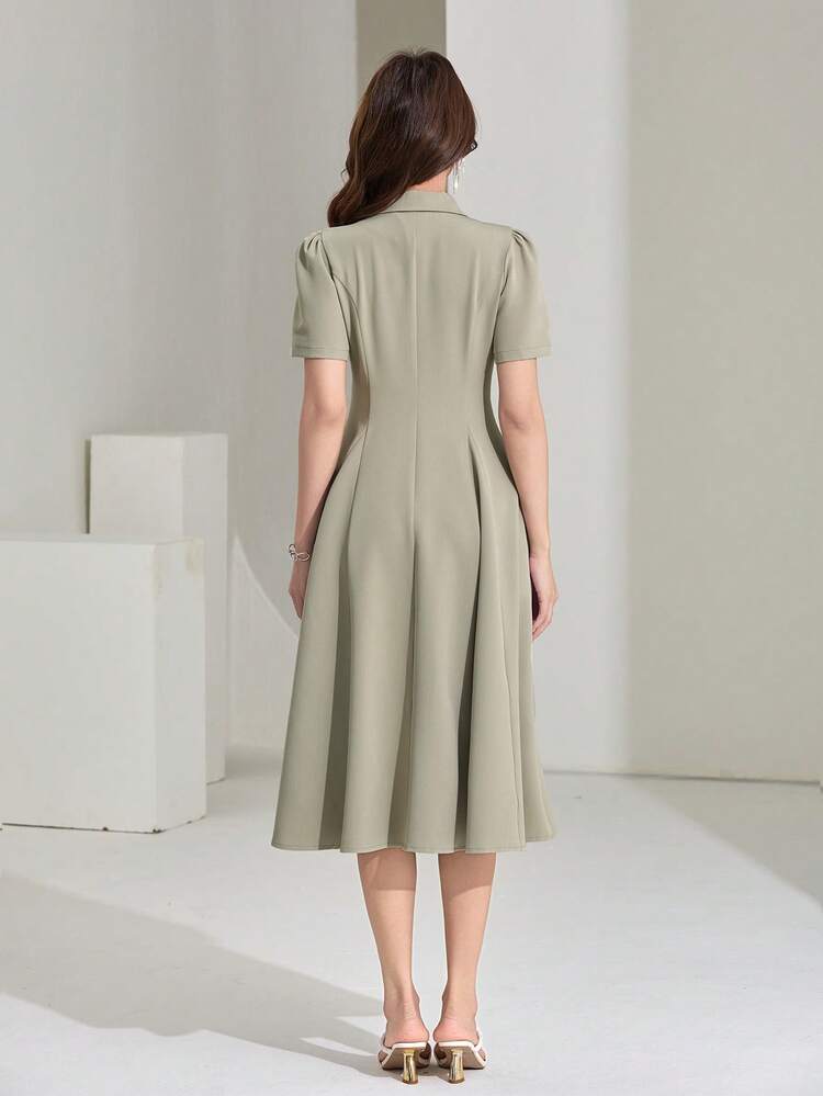 Women's Casual Solid Color Puff Sleeve Midi Dress With Lapel Collar, Summer Wedding Guest Dress Sundress