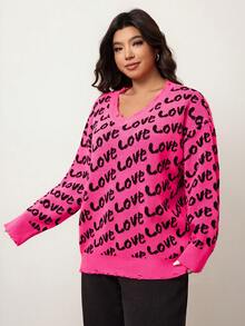 Enliva Áo len cổ chữ V tay dài họa tiết Love Graphic màu tương phản cỡ lớn, Thu/Đông - Màu Hồng Tươi - Xem 5