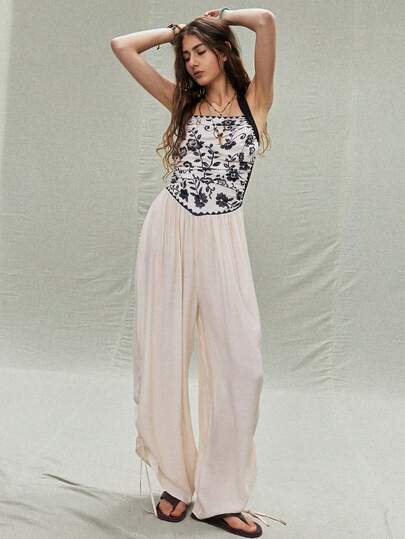 SoleilVie Women's Elegant Casual Printed Jumpsuit Boho Jumpsuit Rompers For Women Boho Romper Pants Jumpsuits Lace Jumpsuits For Woman Sheer Jumpsuit